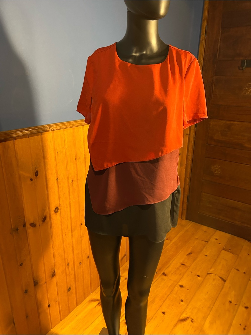 Layered Short-Sleeve Blouse in Orange, Burgundy & Black -